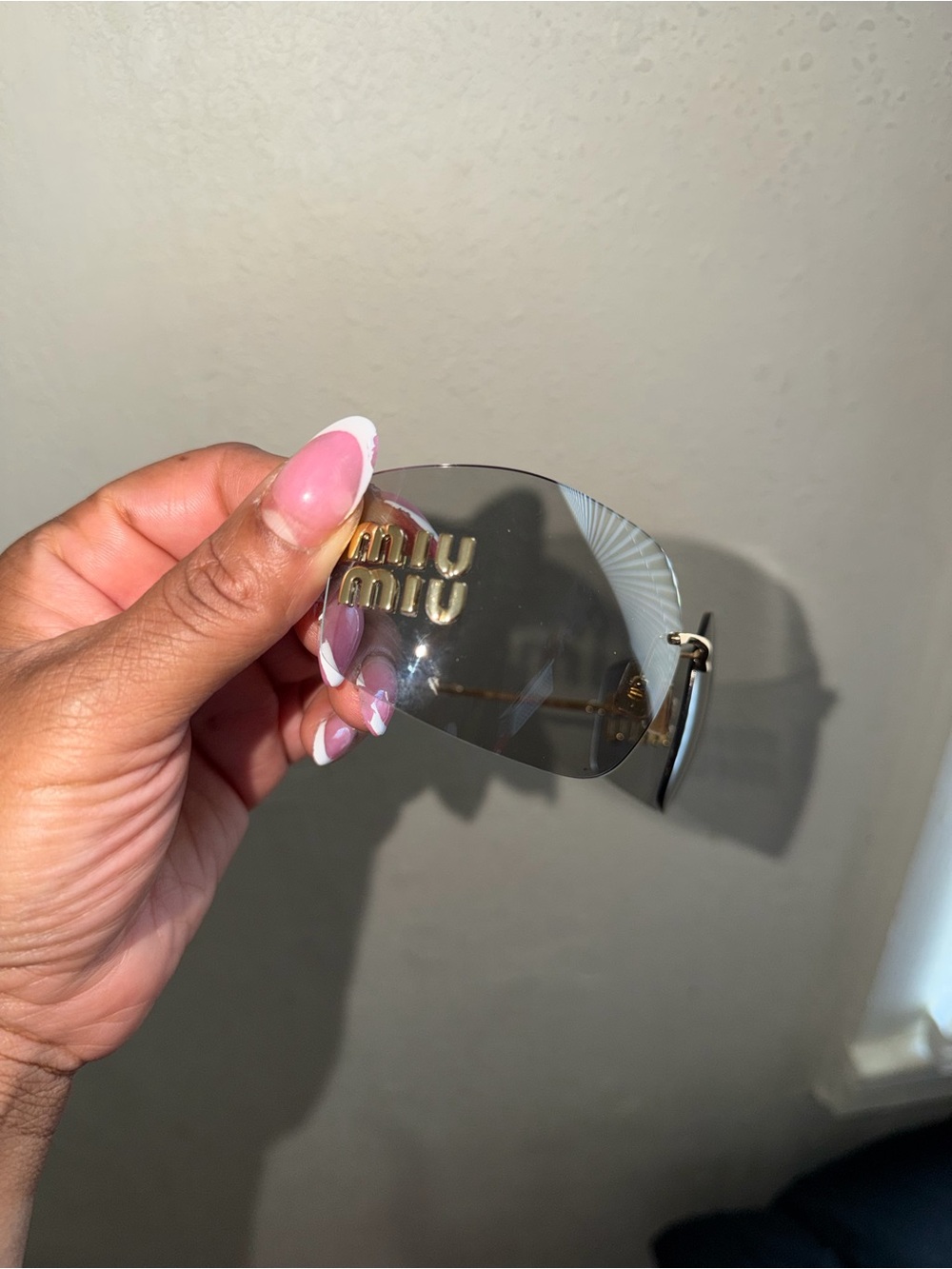 Miu Miu Rimless Sunglasses with Gold Logo and Gray Lenses - Miu Miu